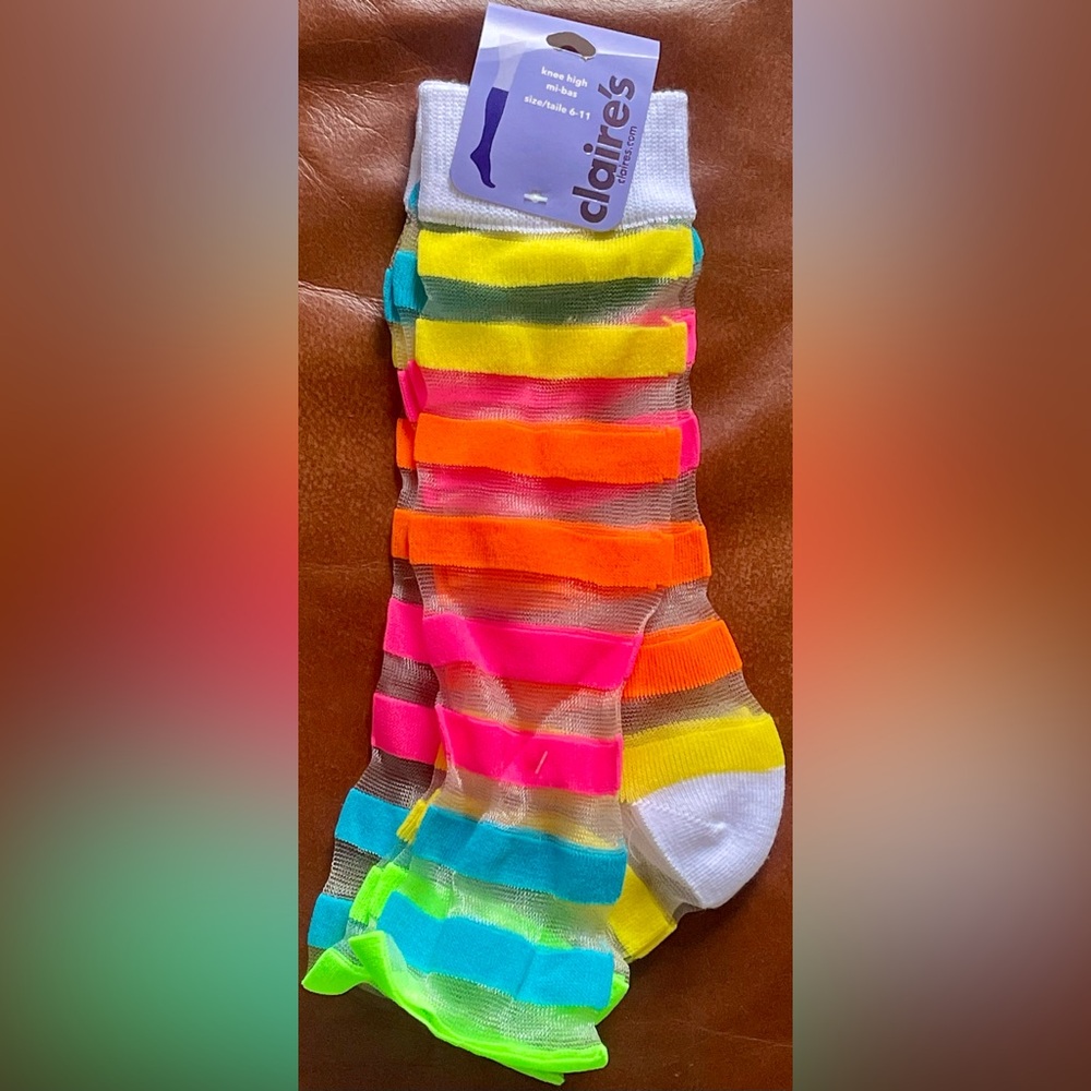 BNWT! Claire’s, Sheer, Neon & White, Striped, Knee High Socks 😻💖✨🧦 SZ - 6-11